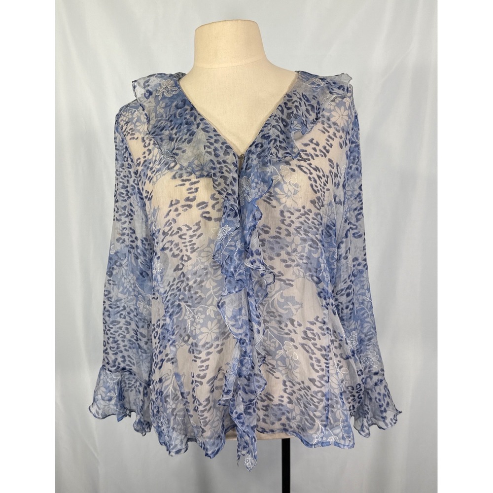 Missioni Blue Leopard Floral 100% Silk Sheer Ruffle Blouse V-Neck Fairy L